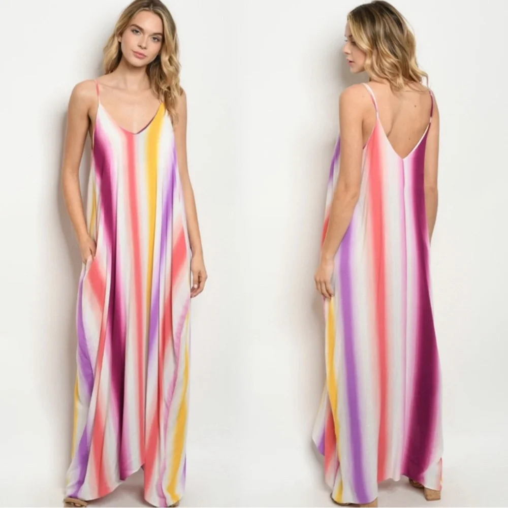Rainbow color striped maxi dress with pockets - Picture 4 of 6